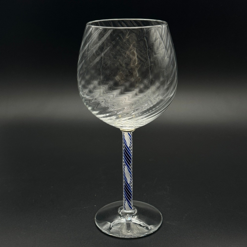 Tundra Glass 1986 Swirl Wine Glass Blue White Twist VTG Signed Art Glass Unique